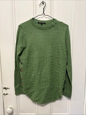 kathy ireland Green Cable-Knit Crew Sweater with Side Buttons